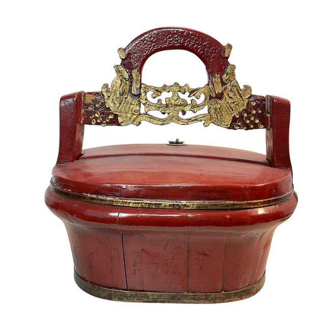This item is an antique Chinese wedding basket, dating from the 19th-century Qing Dynasty. It features a bright cinnabar...