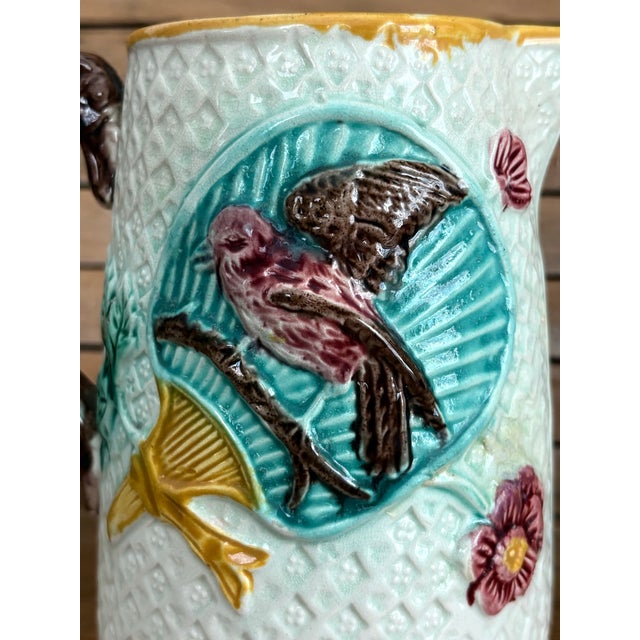 Late 19th Century Antique English Majolica Bird Pitcher With Plum Interior – Victorian Art Pottery Jug For Sale - Image 5 of 10