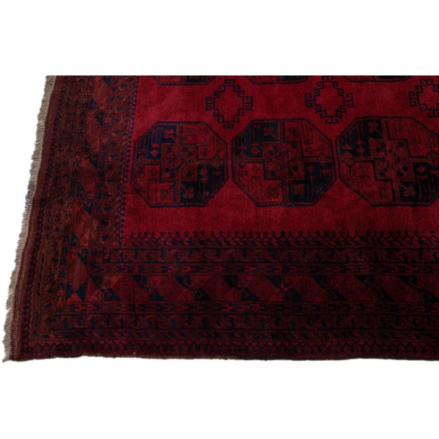 Antique Turkmen Handmade Red & Blue Wool Rug With Gul Motif For Sale - Image 4 of 11