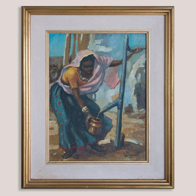 African Woman Drawing Water, 1980s, Oil Painting on Canvas, in Good conditions. Designed 1980 to 1989