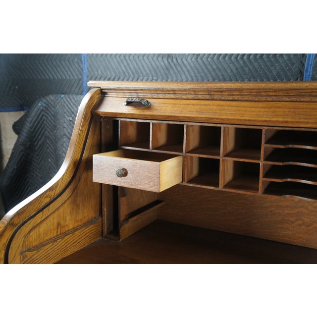 Brown Antique Quartersawn Oak Tambour Roll Top Kneehole Secretary Bankers Writing Desk For Sale - Image 8 of 17