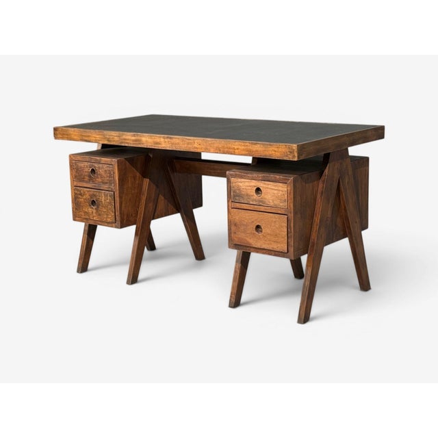 Pierre Jeanneret, Rare Writing Desk, Teak, Leatherette, Chandigarh, India, 1960s For Sale - Image 4 of 14