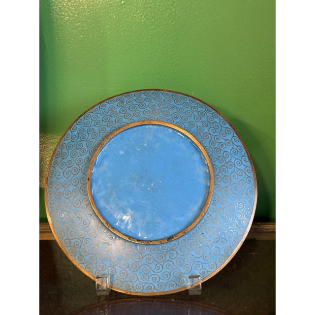 Sky Blue Fine Meiji Japanese Cloisonne Enamel Plate With Central Medallion and Bats For Sale - Image 8 of 10