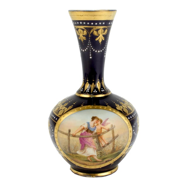 Signed Antique Royal Vienna Style Porcelain Gilt & Hand Painted Cobalt Blue Vase For Sale