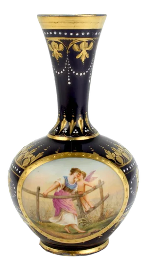Signed Antique Royal Vienna Style Porcelain Gilt & Hand Painted Cobalt Blue Vase