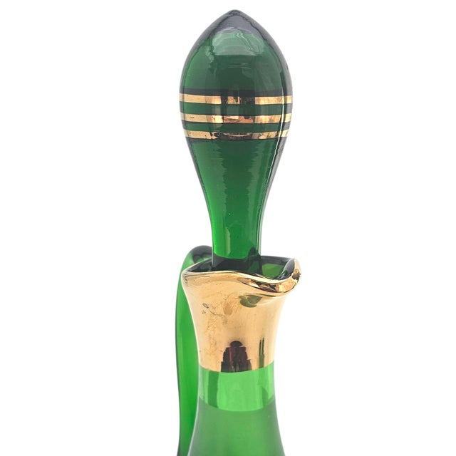 Mid-Century Frosted Emerald Glass Decanter Set With Gilt Pheasant Motif, 15" For Sale - Image 10 of 16
