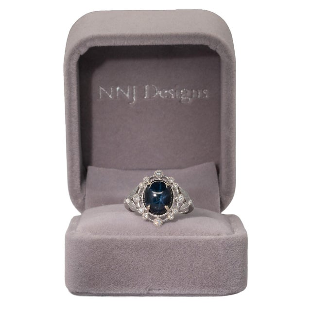 Modern 4 Star Sapphire Ring With Earth Mined Diamonds Accents: Solid 14k Gold, Size 6.75 For Sale - Image 3 of 8
