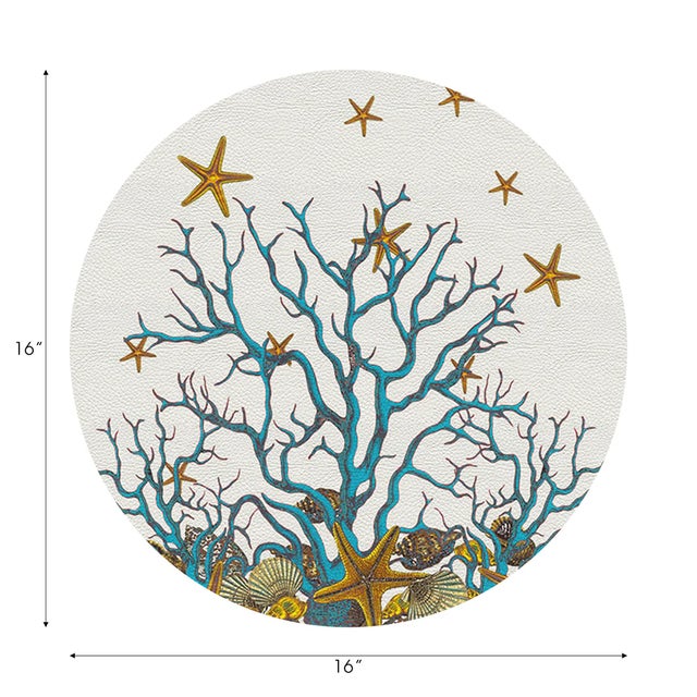 Coastal Coral Reef Vegan Leather Round Pebble Placemat, White Turquoise, Set of 4 For Sale - Image 3 of 5