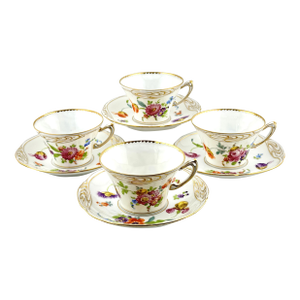Set of 4 Antique Dresden Cup and Saucer Sets, Hand Painted Floral Teacups, Early 1900s Germany
