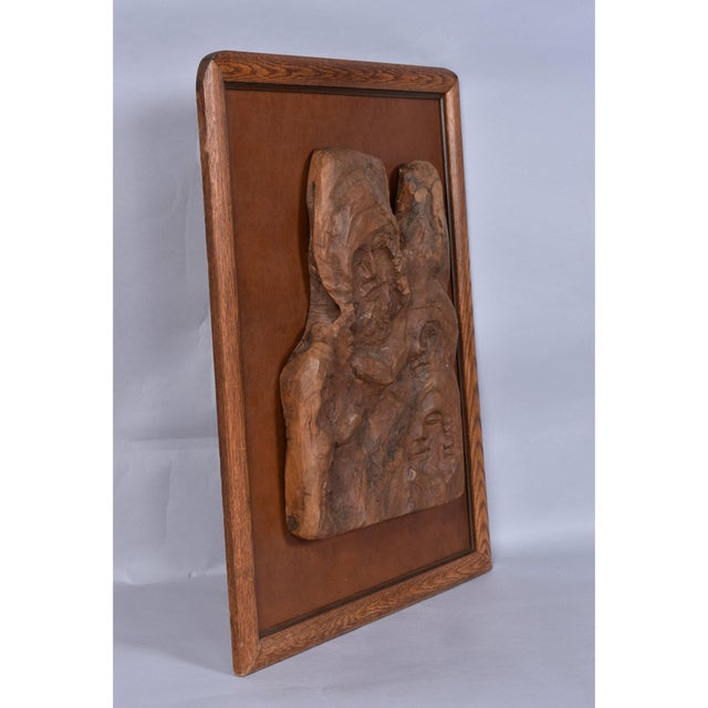Figurative Hand-Carved Wood Relief Portrait With Leather Backdrop and Oak Frame For Sale - Image 3 of 13