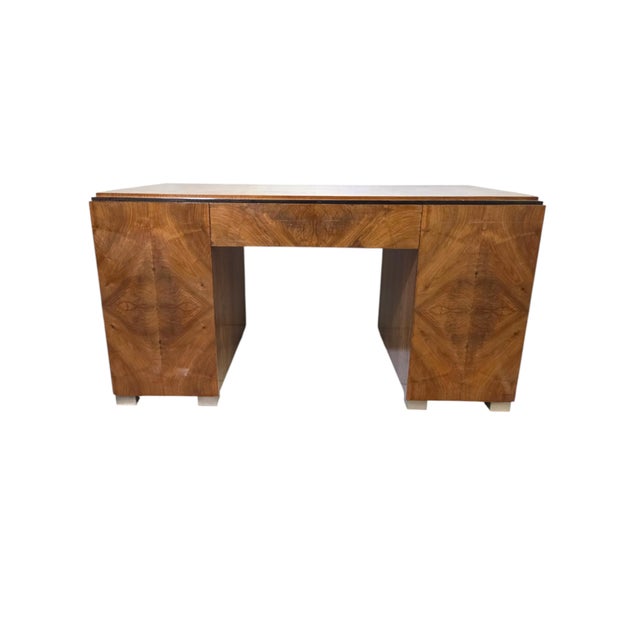 1930s Exceptional French Burl Walnut + Nickel Bronze Executive Office Desk / Writing Table/ Bureau Plat For Sale - Image 16 of 18
