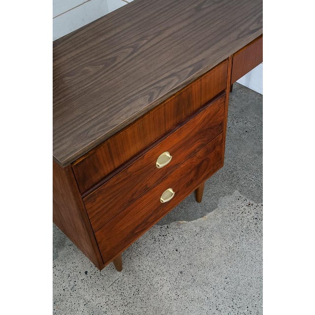 1960s Mid Century Modern Desk Walnut Executive Office 4 Drawer Vintage Brass Restored For Sale - Image 10 of 10