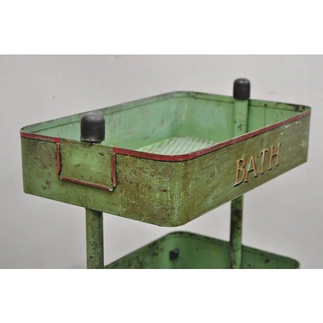 Antique "Bath House 2" Green Painted Metal 3 Tier Rolling Bathroom Trolley Cart For Sale - Image 9 of 12