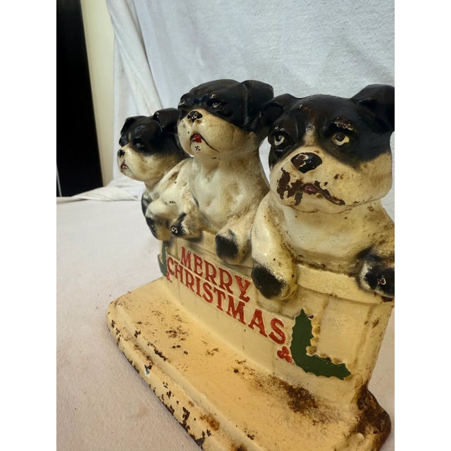 Metal Cast Iron Vintage Merry Christmas Three Dog Bullies Door Stop For Sale - Image 7 of 12