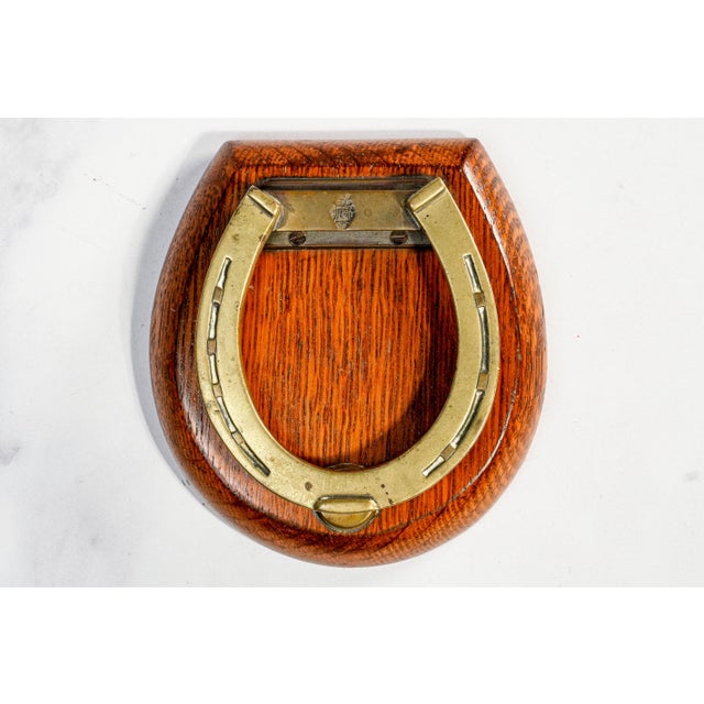 Victorian Lovely English Victorian Antique Brass Desk Clip Equestrian Horseshoe Wood Shield For Sale - Image 3 of 10