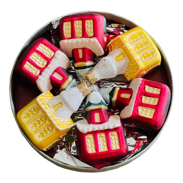 Vintage European Christmas Ornaments Churches in Box - Set of 6 For Sale