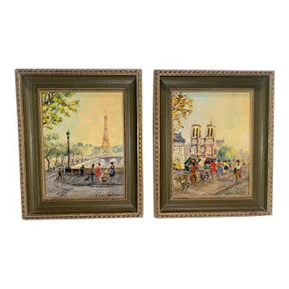 George Labonne Listed French Artist Pair Small Paintings of Paris For Sale