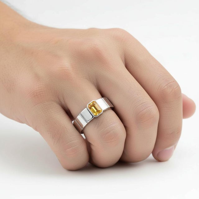 Modern Citrine Solitaire Ring for Men Silver, Gold, Size 10 For Sale - Image 3 of 5