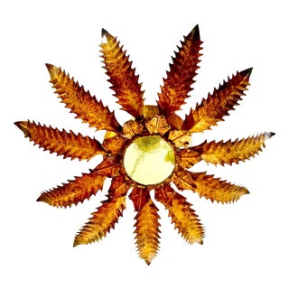 Spanish Solar Crown Sunburst Light with Gilt Gold Finish, 1950 For Sale