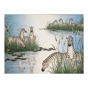 Gustavo Novoa, Original Painting "By The Pond" Tropical Jungle Painting Zebras, Gustavo Novoa, c.1990's