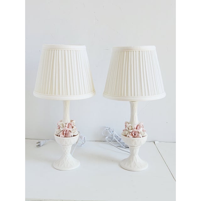 Vintage Mid-Century capodimonte style porcelain pink and white flowers basket table lamps from Japan. A very pretty and...