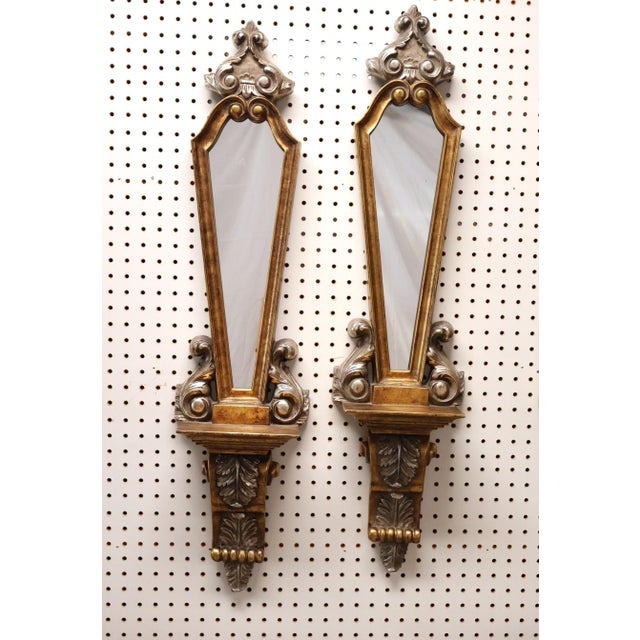 Hollywood Regency Hollywood Regency Bassett Mirror Company Gold & Silver Leaf Wall Mirrors With Display Shelves – Pair For Sale - Image 3 of 7