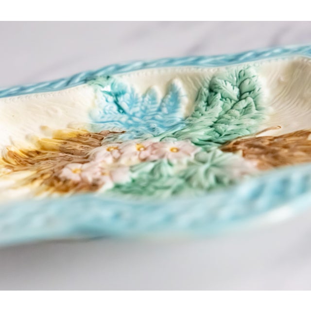Late 19th Century 19th Century English Majolica Turquoise Basketweave Floral Platter For Sale - Image 5 of 9