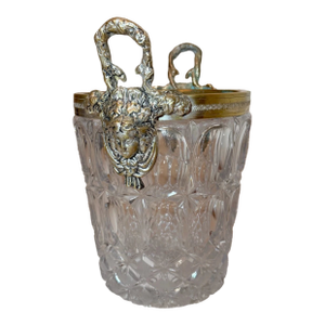 Early 20th Century Big Antique Nickel Plate Bronze Crystal Glass Champagne Wine Chiller Ice Bucket