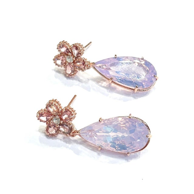 Bochic “Orient” Rose Rodorite & Pink Quartz Earrings Set In18K Gold & Silver Natural Rose Rodorite, Pear Shape - 2.50...