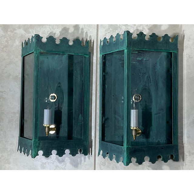 Metal Pair of Artistic Vintage Patinated Metal Wall Lantern Sconces For Sale - Image 7 of 12