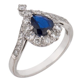 Vintage Sapphire Diamond 18k White Gold Ring, Size 5.5 For Sale