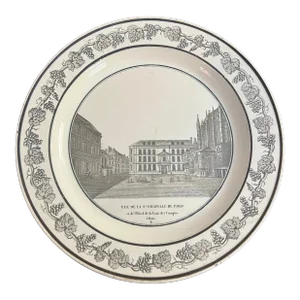 Antique French Creamware Plate With Black Transfer Decoration, "Vue De La Ste. Chappelle De Paris", Circa 1800