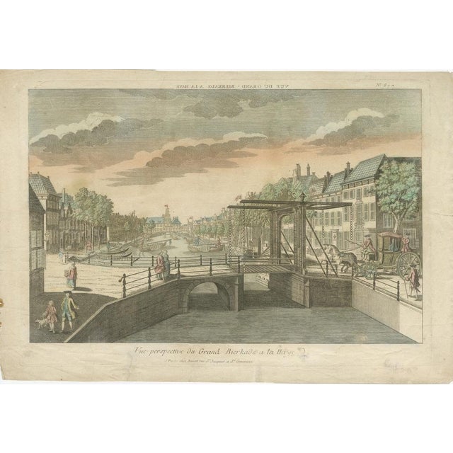 Title: Hand-Colored Optical View of Grand Bierkade, The Hague by Jacques Chereau, ca. 1750 This optical print titled "Vue...