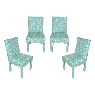Set of Four Parsons Style Side Chairs in Custom Meg Braff Designs Vienna Woods Fabric For Sale