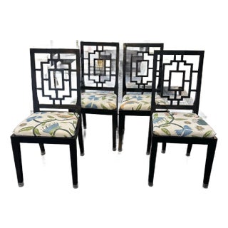 Black Lacquered Fretwork Dining Chairs Attributed to Jean Claude Mahey for Roche Bobois - Set of 4 For Sale