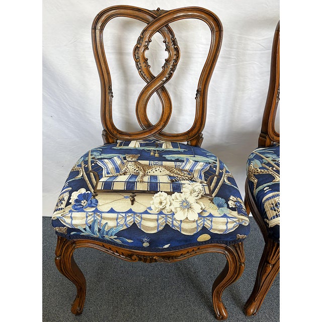 Hollywood Regency Vintage Pretzel Back Wood Chairs With New Statement Upholstery- A Pair For Sale - Image 3 of 18
