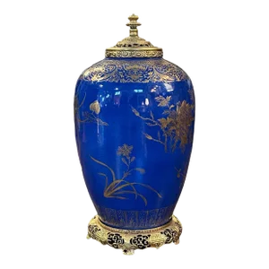Mid 19th Century Qing Powder Blue Jar With Gilt Embellishment and Bronze Doree Mounts