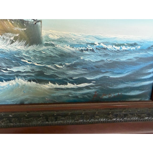 A striking original oil painting on canvas signed K. Dossi, depicting a magnificent fully rigged sailing ship cutting...