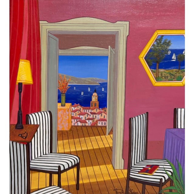 Fanch (Francois Ledan), Whimsical Naive Mediterranean Seaside Interior Folk Art Oil Painting Fanch Ledan, 2002 For Sale - Image 15 of 18
