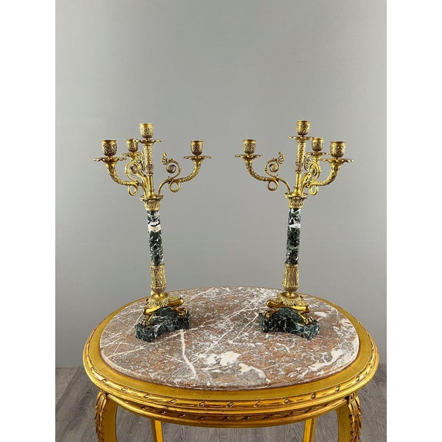 Metal 19th Century Candelabras in Gilt Bronze and Green Marble, Set of 2 For Sale - Image 7 of 10