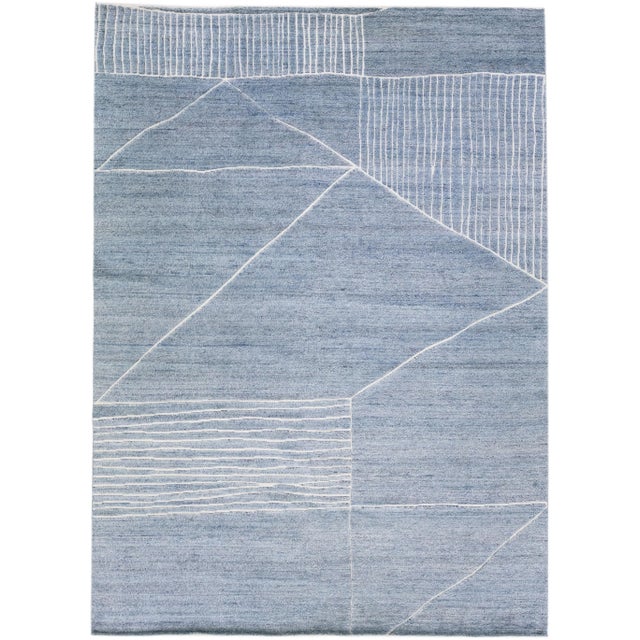 Textile 2020s Abstract Modern Moroccan Style Handmade Wool Rug in Light Blue by Apadana For Sale - Image 7 of 7