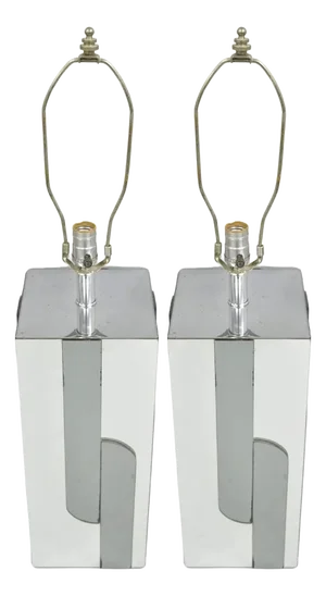 Vintage Mid Century Modern Mirror Skyscraper Cubist Table Lamps - A Pair