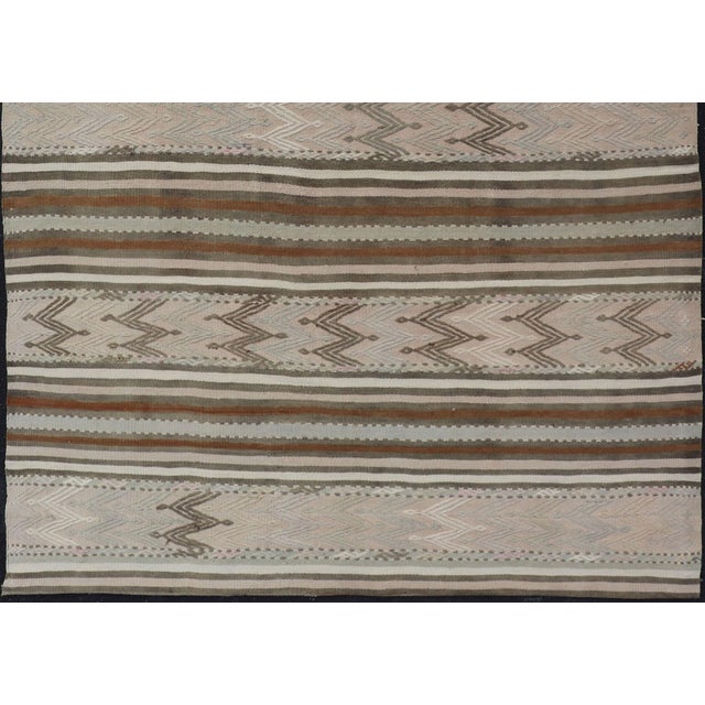 Turkish Flat-Weave Kilim in Muted Colors With Stripes and Embroideries For Sale In Atlanta - Image 6 of 10