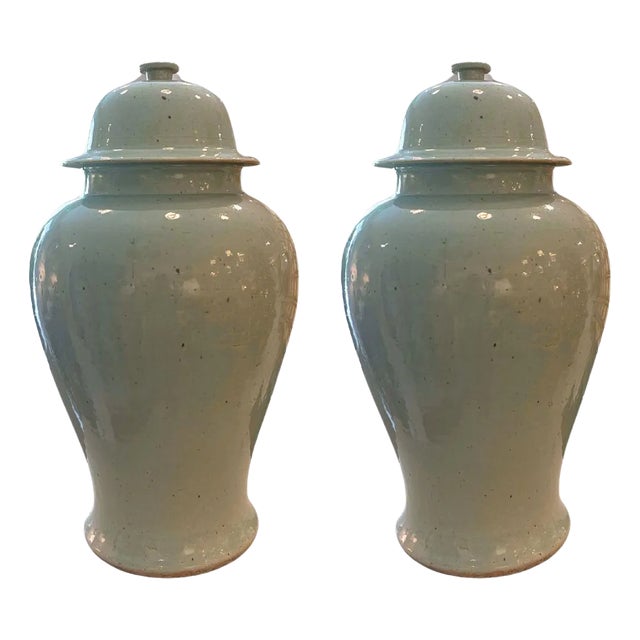Pair of Celadon Vase Ginger Jars For Sale