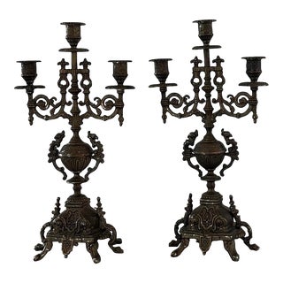Mid 20th Century Italian Brass Ornate Candelabras- a Pair For Sale