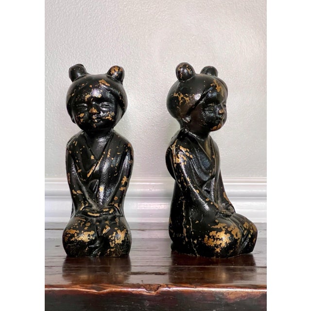 Metal Pair of Japanese Zen Figural Patinated Iron Bookends in Black and Gold, 1950 For Sale - Image 7 of 10