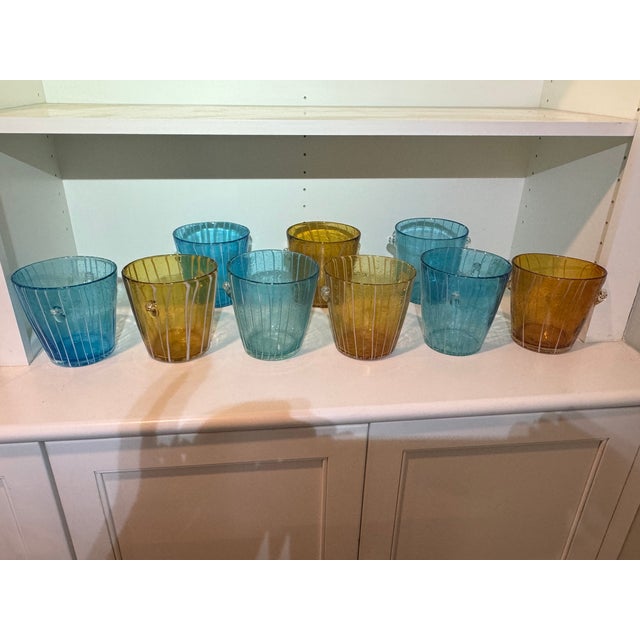 Murano 1970s Italian Venini for Disaronno Turquoise and Yellow Glass Ice Buckets -Set of 9 For Sale - Image 4 of 11