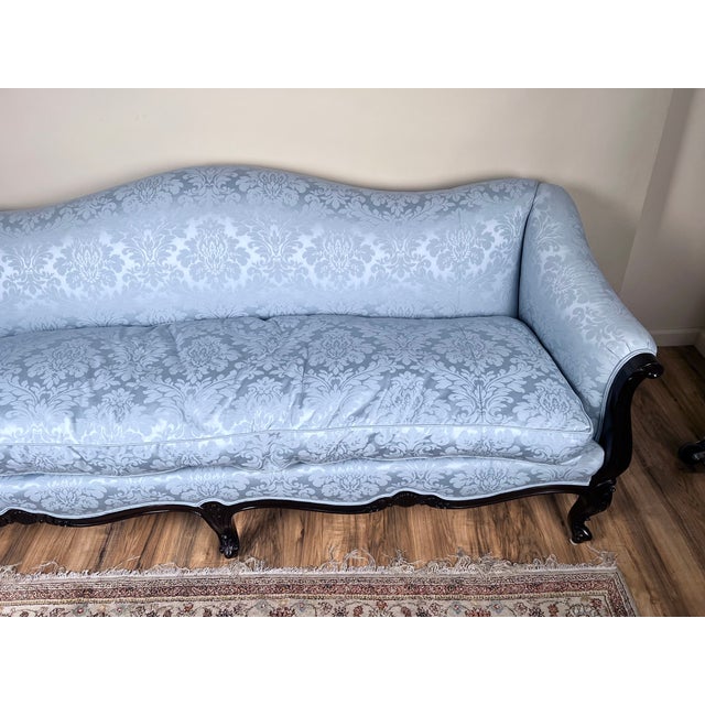 1980s Vintage Louis XV Rococo Style Sofa in Newer Pale Blue Damask Upholstery For Sale - Image 5 of 9