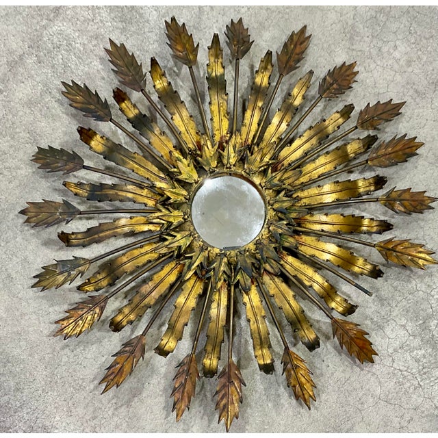 Vintage French Sunburst Wall Mirror in Gilt Metal, Mid-Century Style For Sale - Image 11 of 11