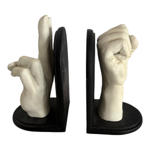 Vintage 1970s Pop Art Peace Sign & Power Fist Sculptural Bookends – Set of 2